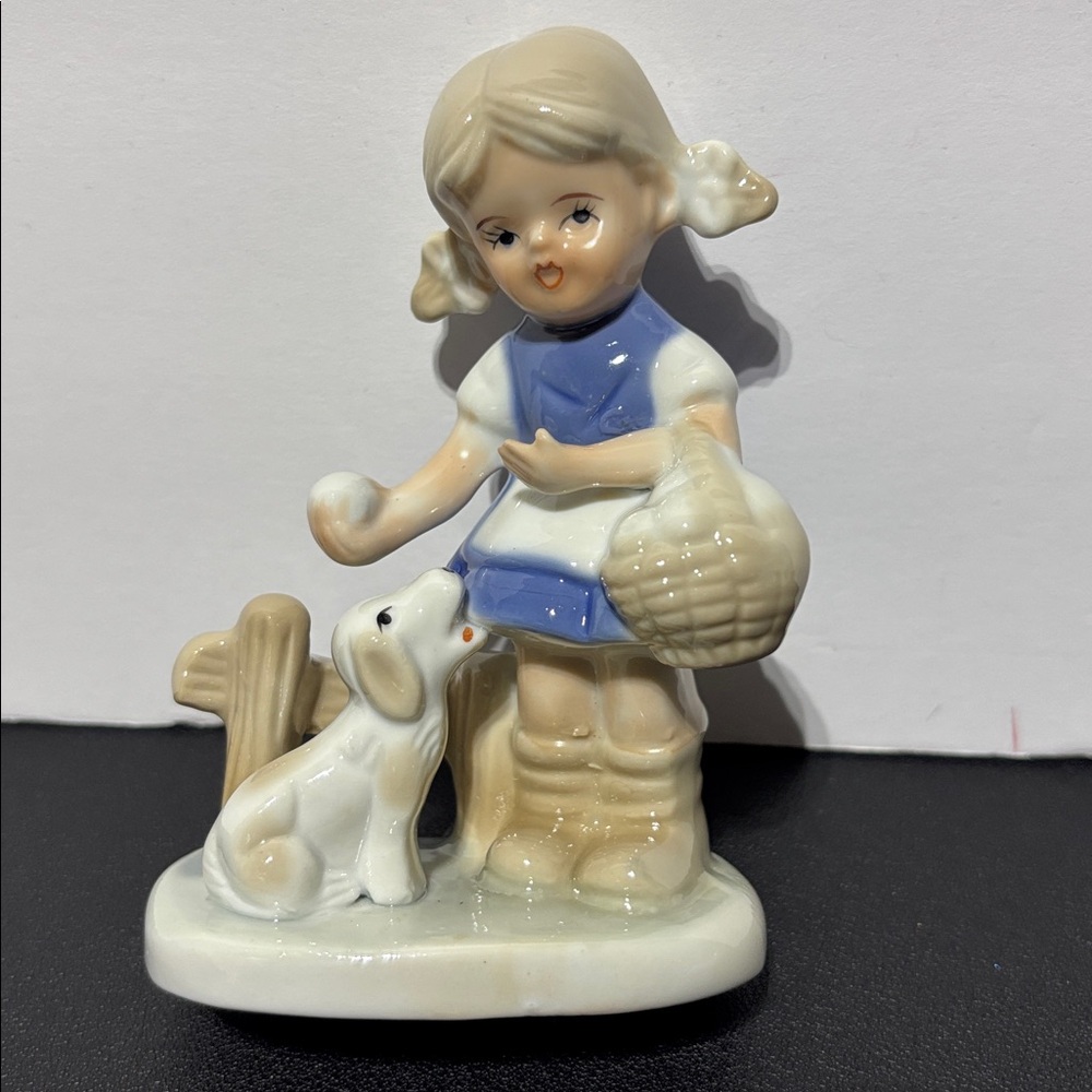KPM Berlin Porcelain Figurine Young Girl With A Dog 5” Made In Korea - Vintage